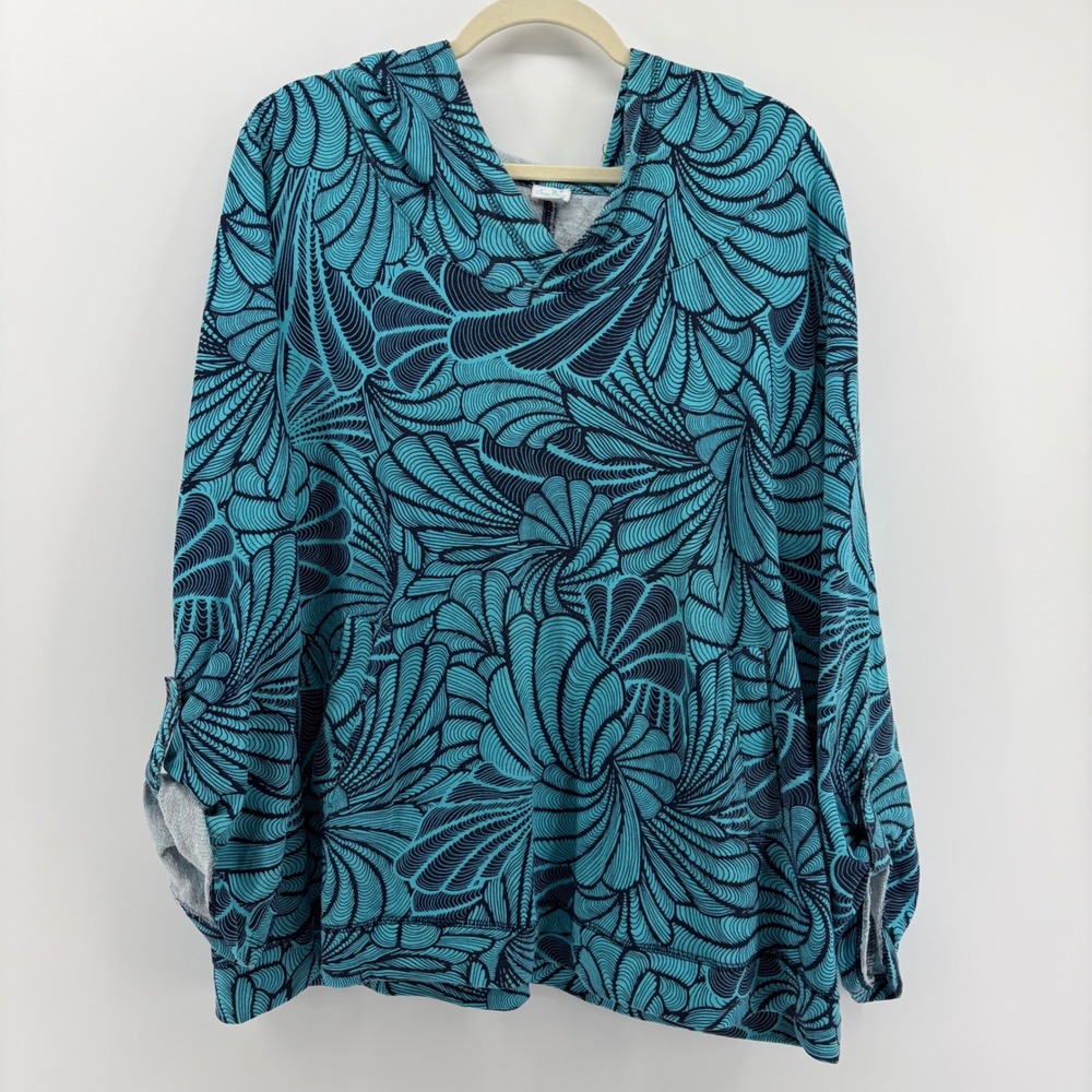 Sun Bay‎ Women's Plus Size 1X Turquoise Navy Abstract Leaf Print Hoodie Pockets